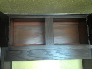 1 pm - Putting a coat of orange paint on the inside of what will be the barware cabinet. 