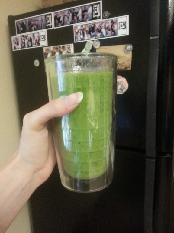 The first successful recipe: about 4 kale leaves, half a pear, some pineapple, lime, and mint - done in the blender.