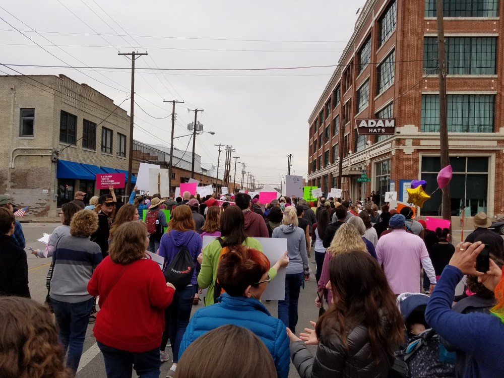 Marchers near Adam Hats, Deep Ellum, Dallas.