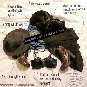 Anatomy of a Failed Outfit - alternate title: You Can't Wear Two Things a Pimp Would Wear At Once.  Bra - Calvin Klein Black Hat - Micheal Stars Jeans - Joe's Jeans Boots - Steve Madden Fur Vest - Amaryllis Sheer Top - Sparkle & Fade