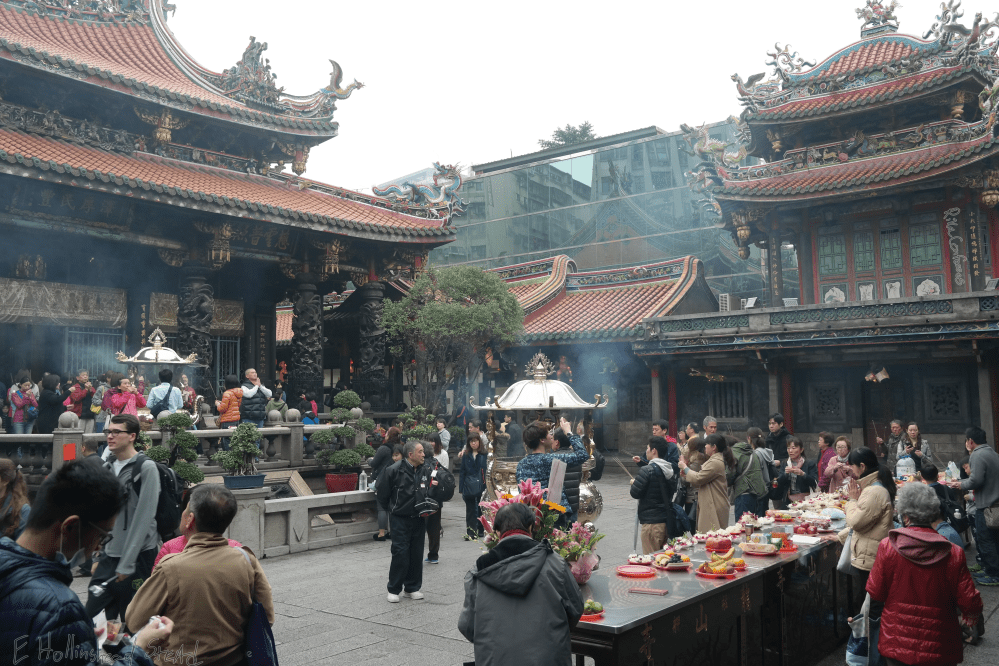 interior view of Longshan Temple courtyard with worshipers